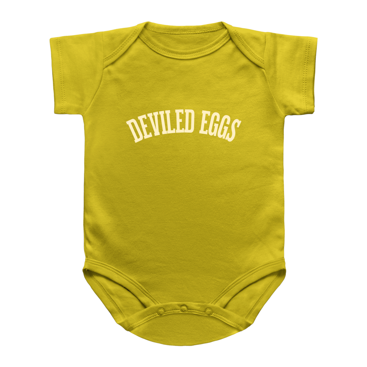 A yellow short-sleeve baby bodysuit with &