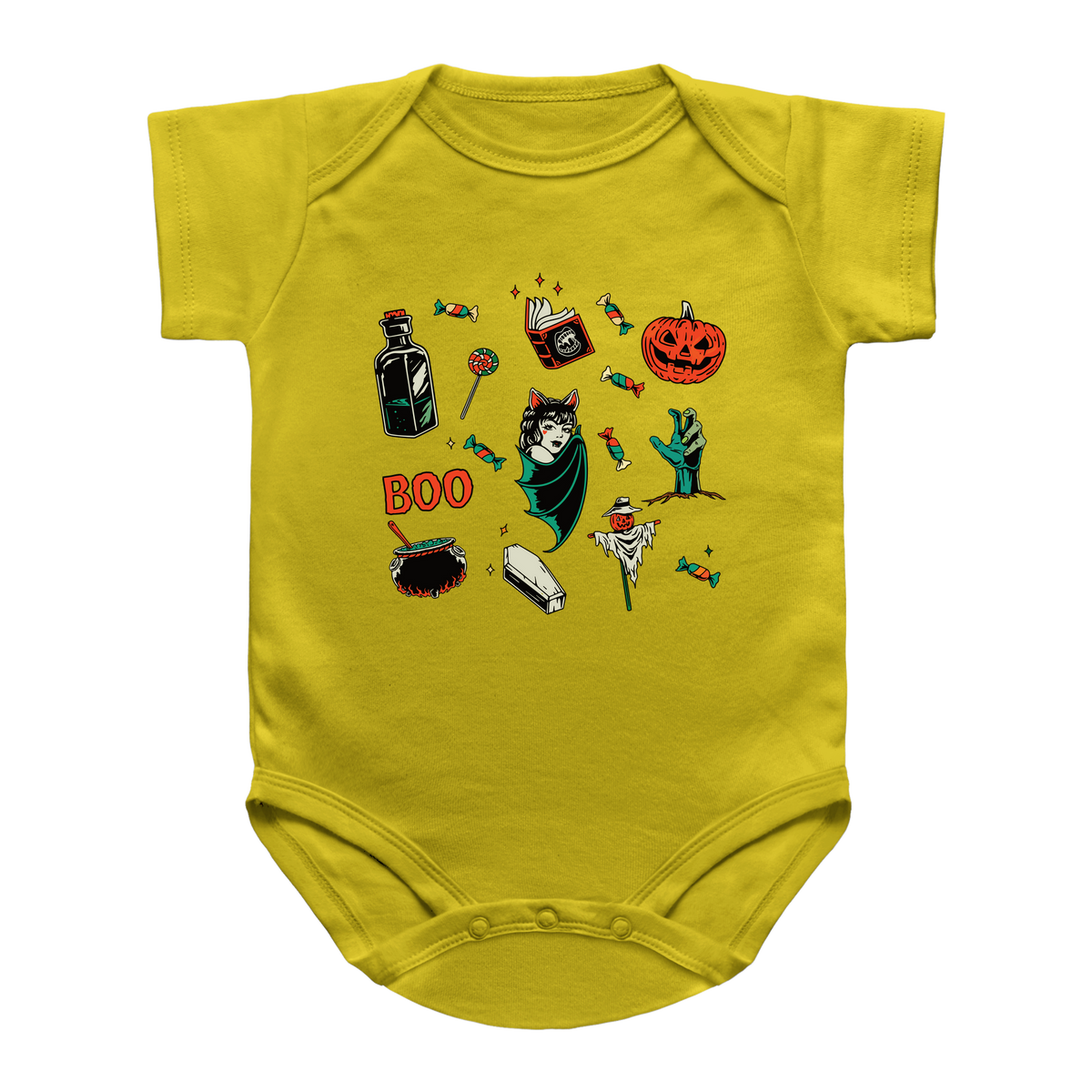 A yellow short-sleeve infant onesie with various Halloween-themed graphics of a jack-o&