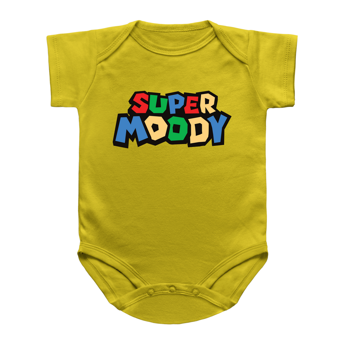 A yellow short-sleeve baby bodysuit featuring a colorful retro-style graphic on the chest that reads &