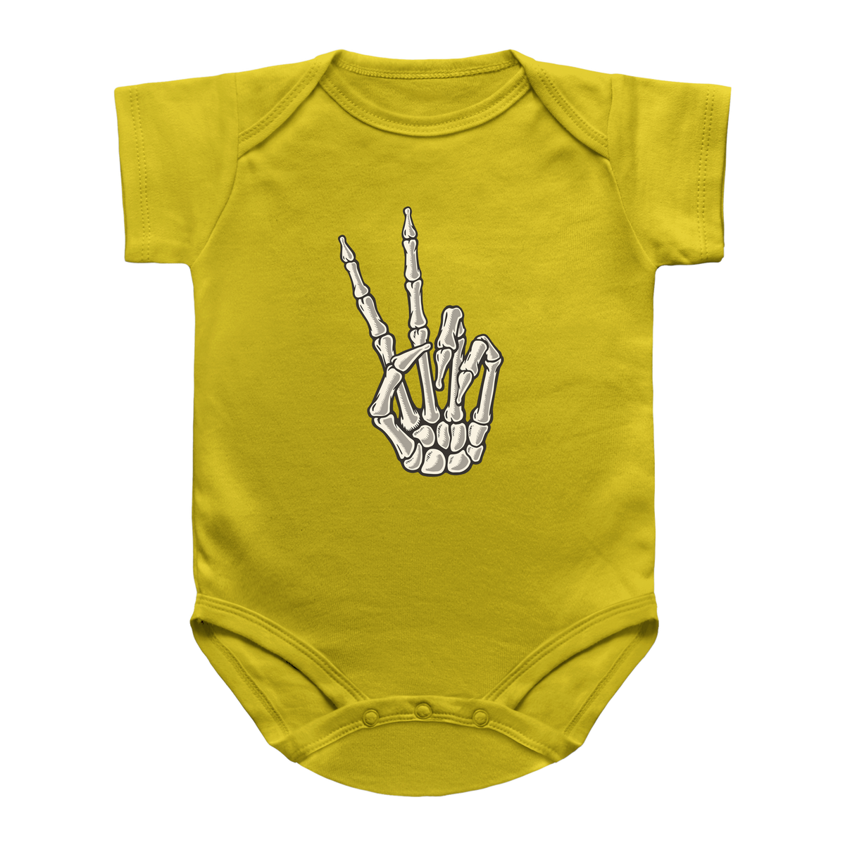 A yellow short-sleeve baby bodysuit featuring a white and gray graphic of a skeletal hand making the peace sign on the front, displayed against a solid white background.