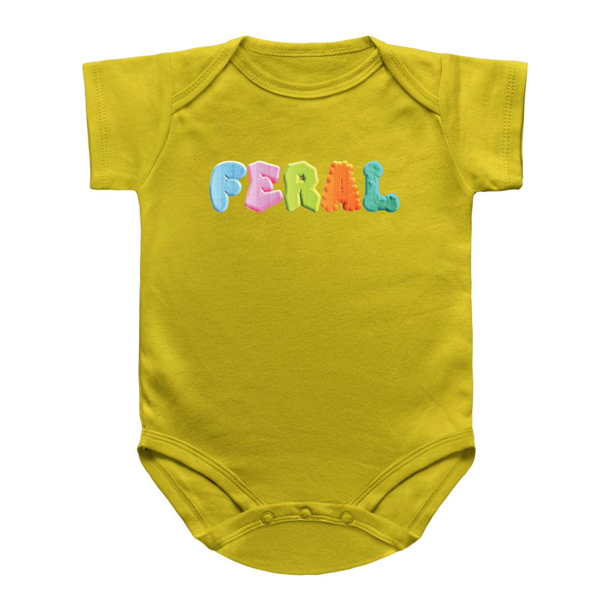 A yellow short-sleeve infant onesie featuring the word &