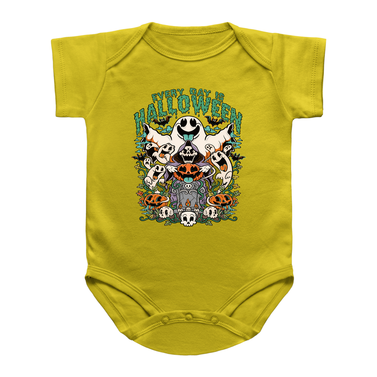 A yellow short-sleeve infant onesie featuring a colorful Halloween graphic on the chest with the text &