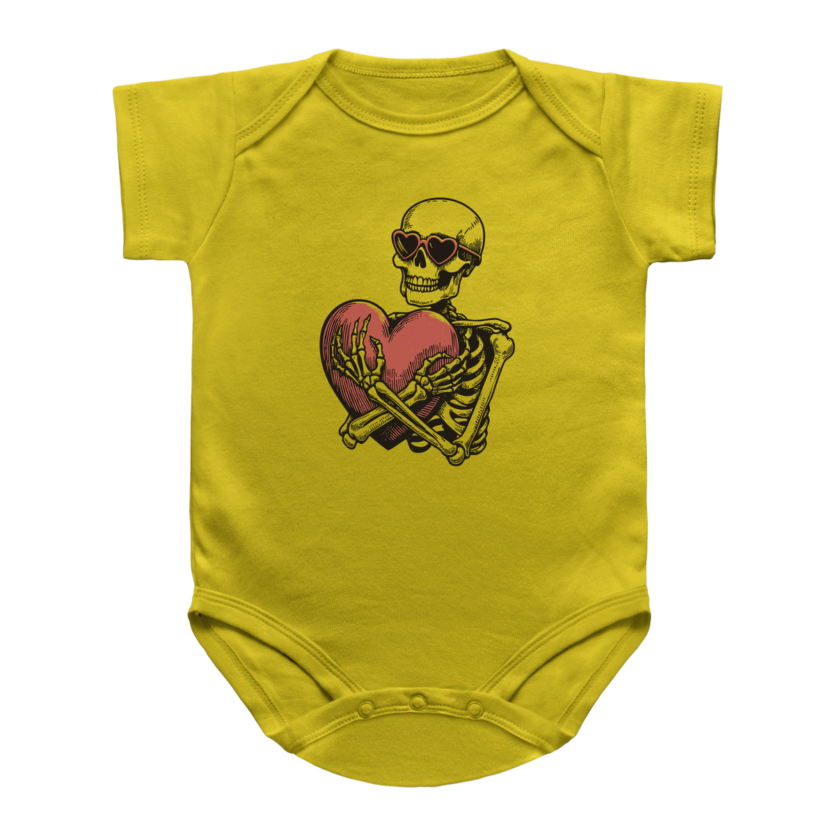 A yellow infant onesie featuring a graphic print of a Halloween skeleton wearing heart sunglasses and hugging a red heart.