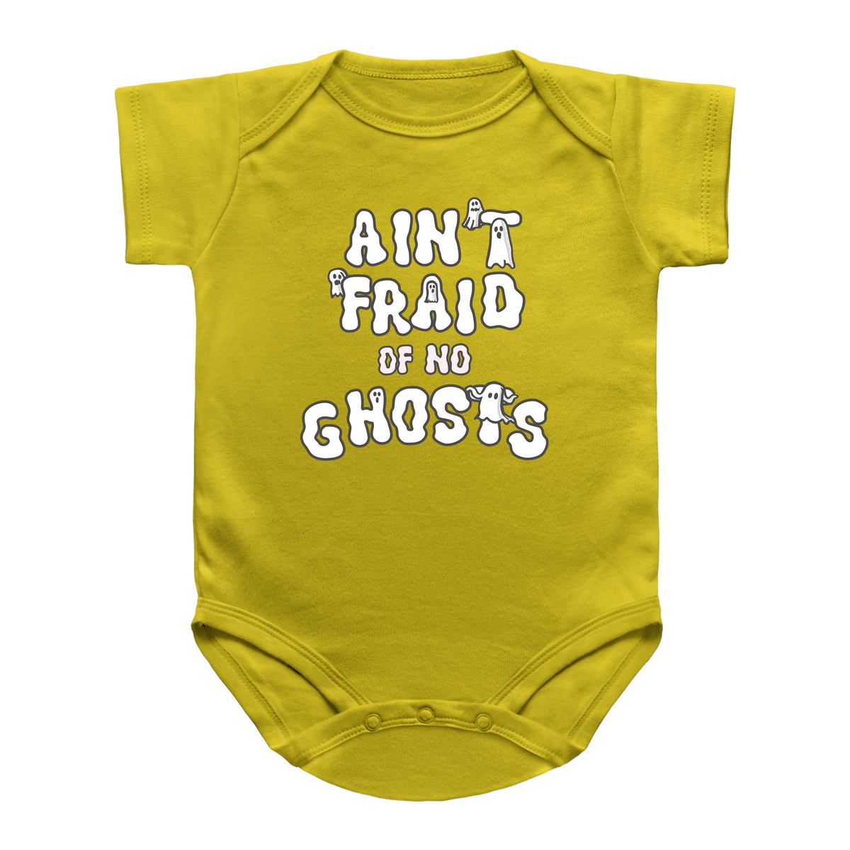 A yellow infant bodysuit with short sleeves and a graphic text print that reads &