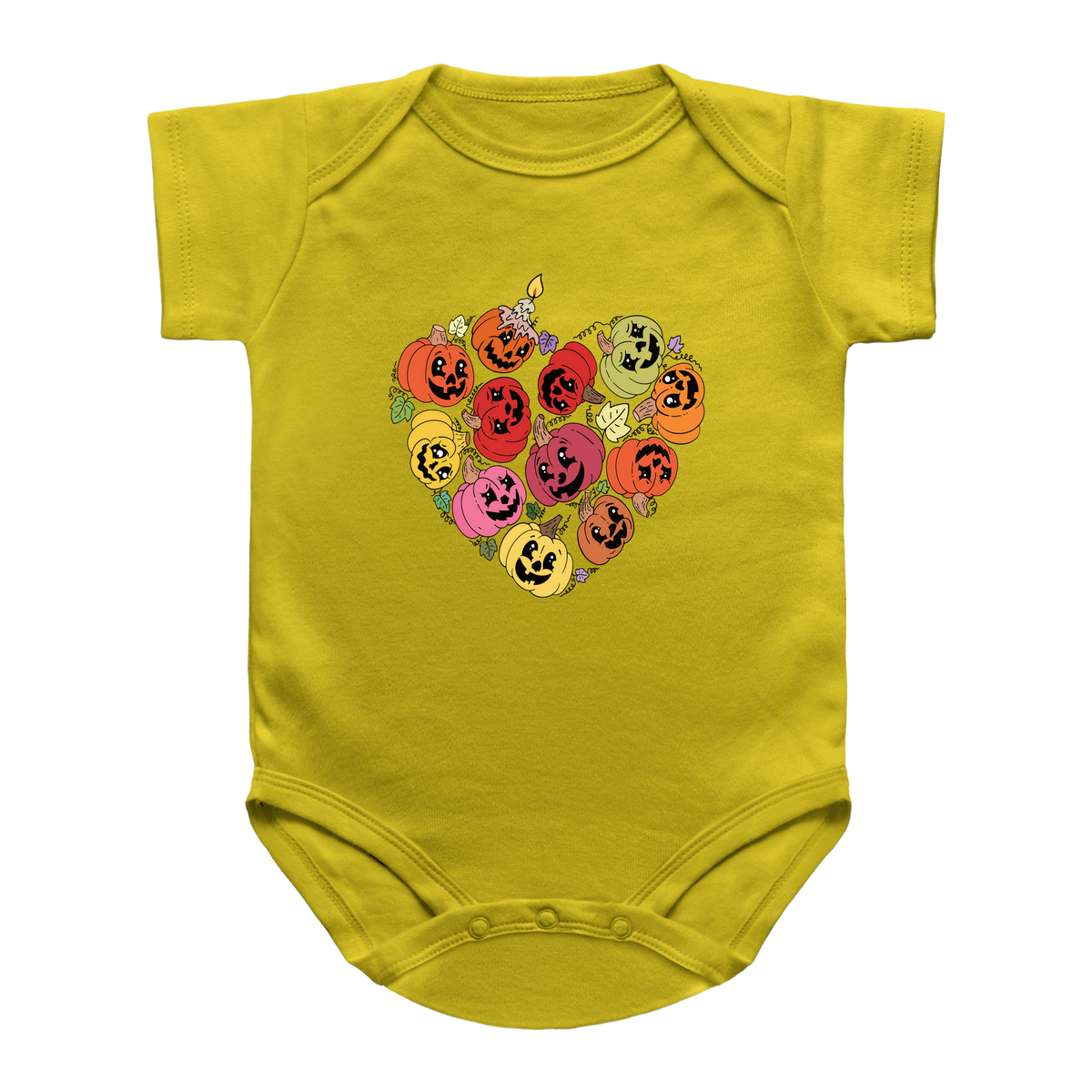 A yellow infant bodysuit with a heart-shaped graphic of Halloween jack-o&