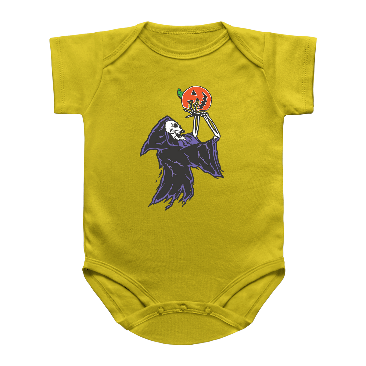 A yellow infant onesie featuring a Halloween graphic of a skeleton grim reaper playing basketball with a jack-o&
