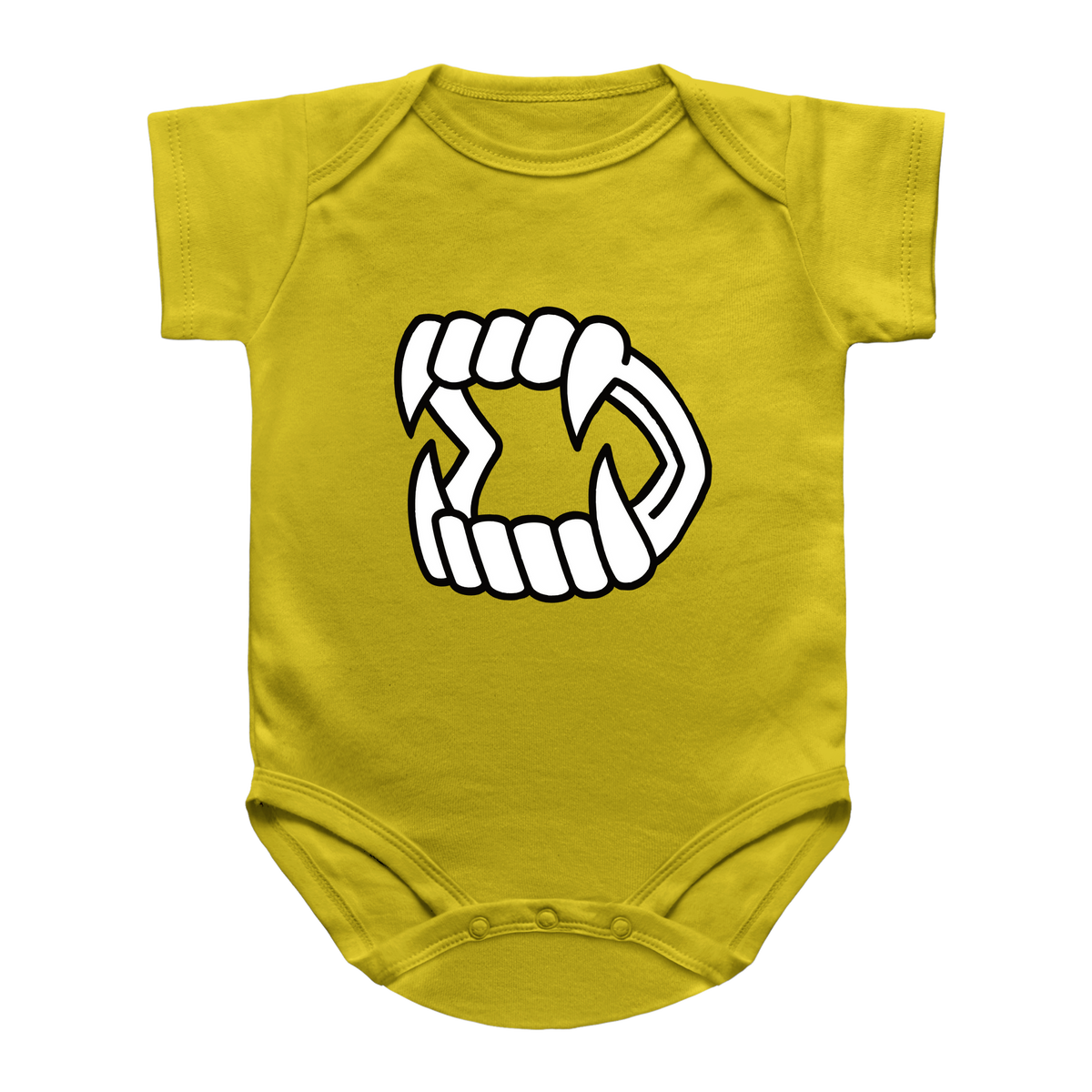 A yellow short-sleeve infant onesie featuring a white Halloween vampire fang kid toy printed on the chest.