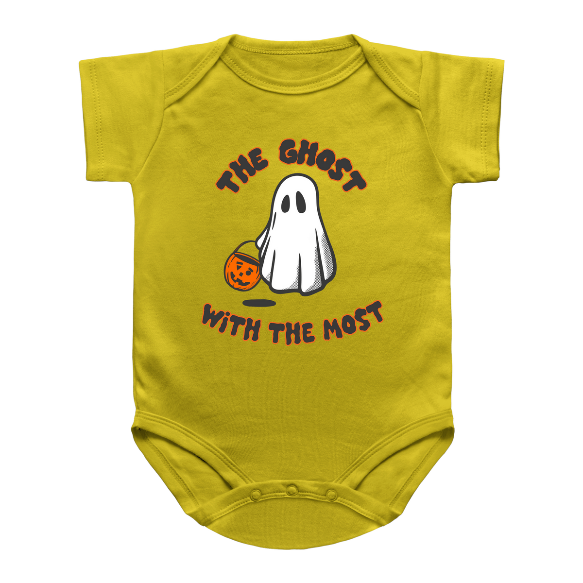 A yellow infant onesie featuring a Halloween graphic of a white ghost holding an orange pumpkin, with the text &
