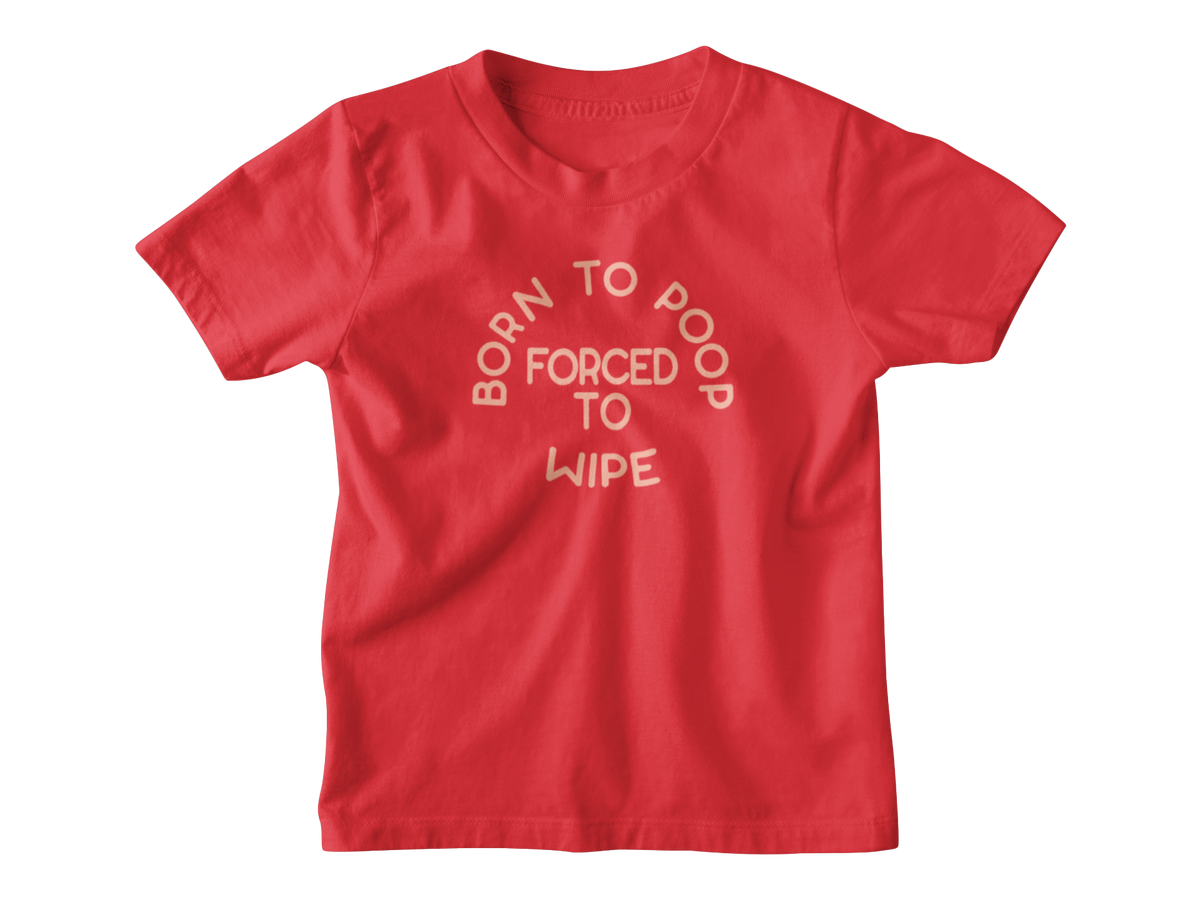A red kids short-sleeve t-shirt with a pink graphic text print on the front reading &