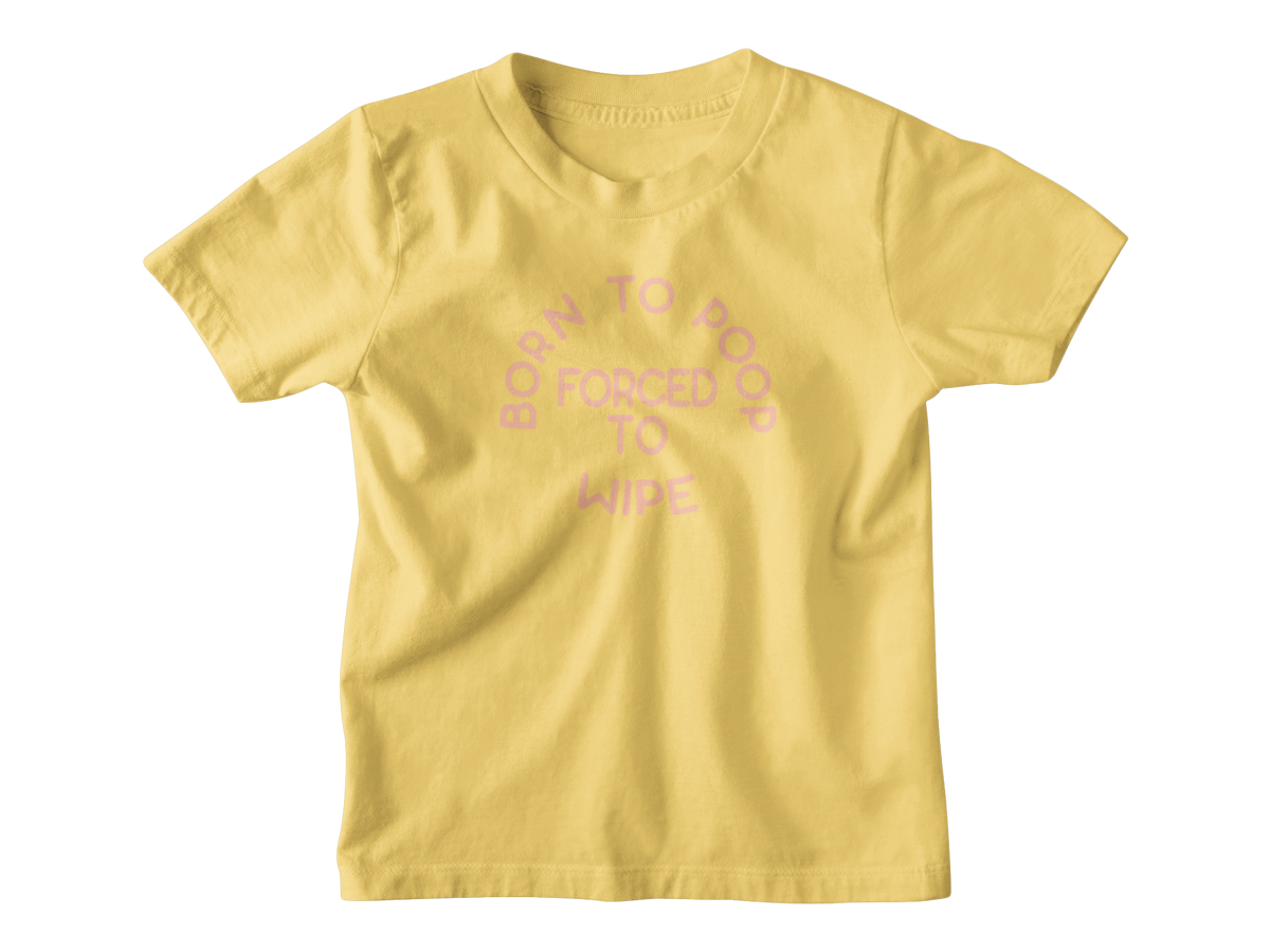 A yellow kids short-sleeve t-shirt with a pink graphic text print on the front reading &