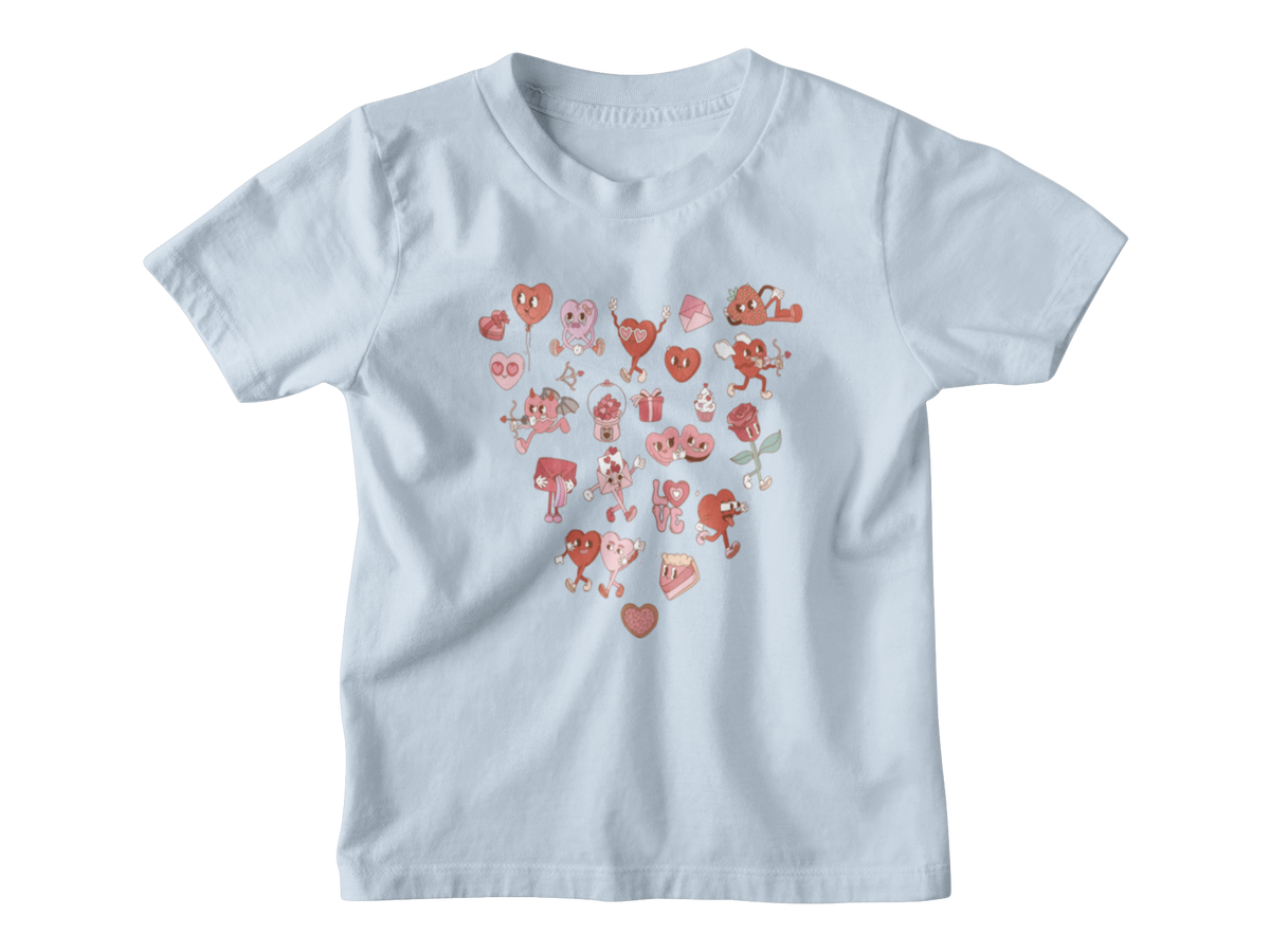 A light blue short-sleeve kids t-shirt with a heart-shaped graphic on the chest made of small red and pink Valentine&