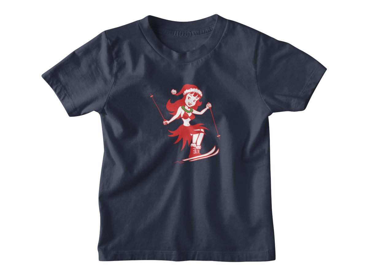 A navy blue kids Christmas t-shirt with a cartoon graphic of a woman skiing in a red Santa hat.