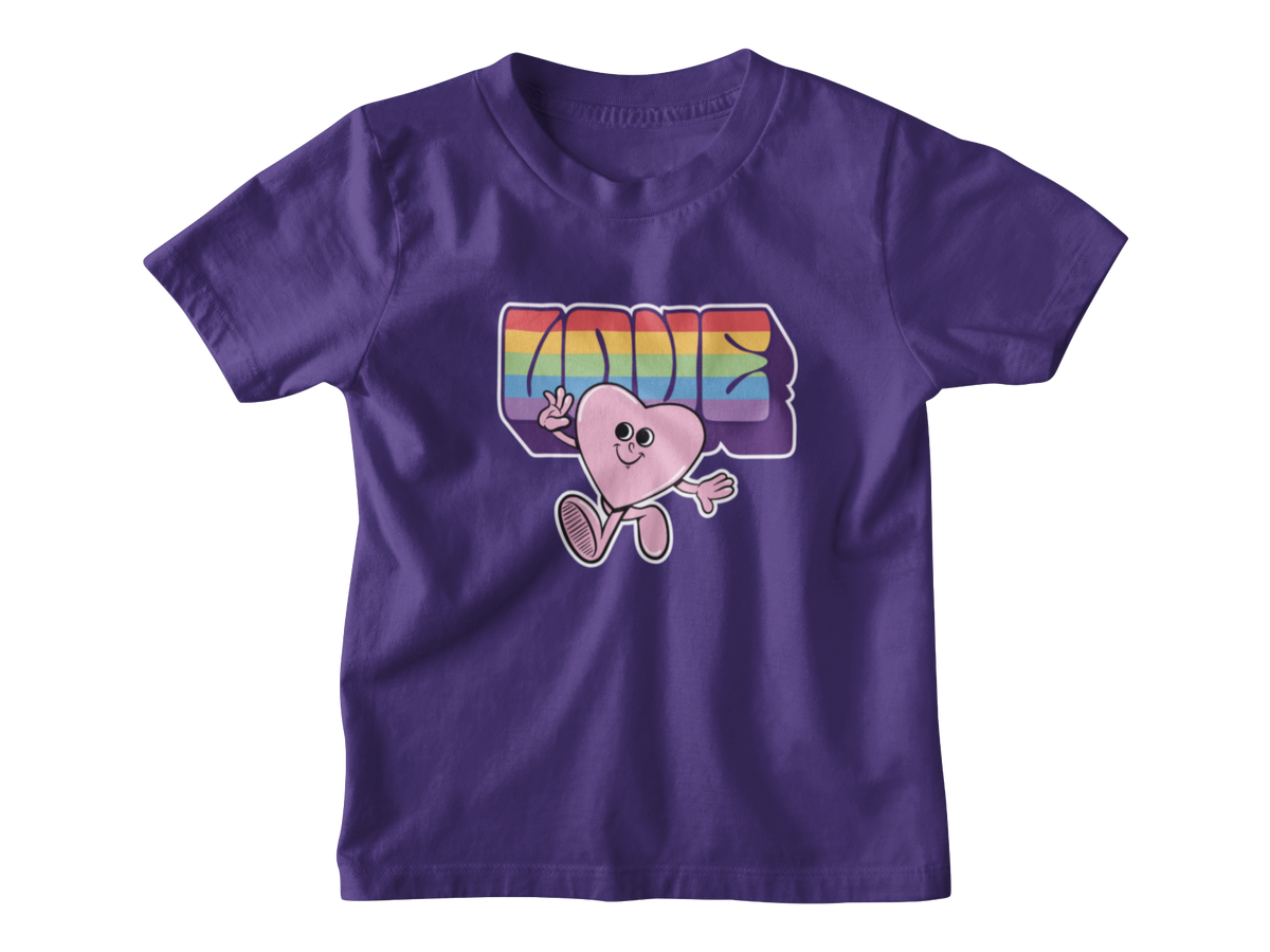 A purple short-sleeve kid t-shirt with a retro-style Valentine&