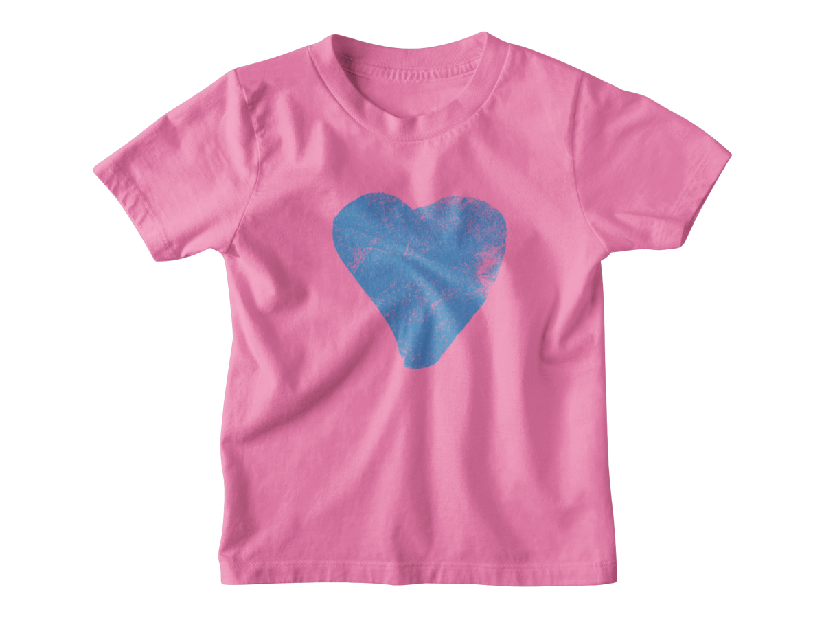 A neon pink short-sleeve crewneck kids t-shirt featuring a distressed blue heart graphic printed on the center chest for Valentine&