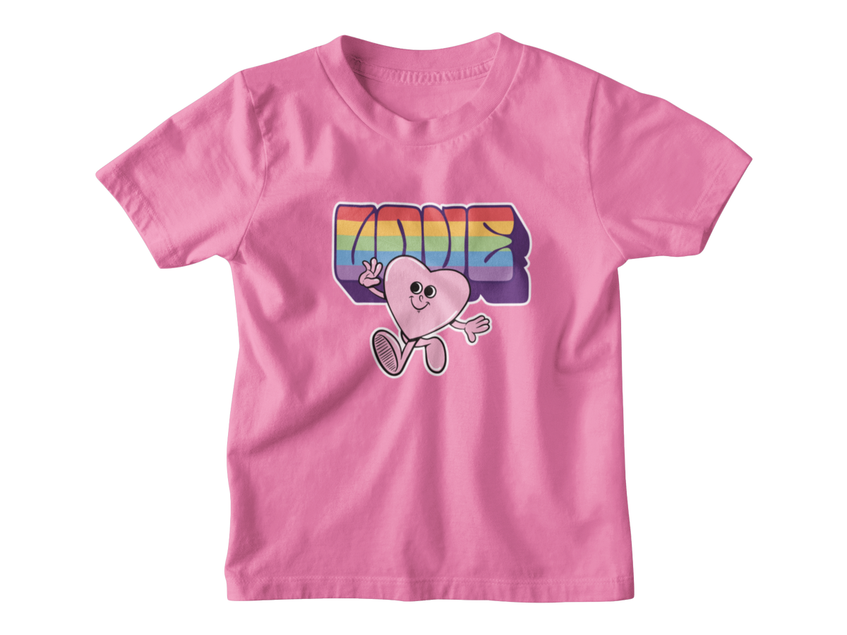 A bright pink kid t-shirt with a retro-style Valentine&