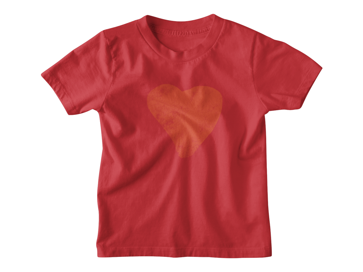 A red short-sleeve kids t-shirt featuring a textured red heart graphic printed on the center chest, meant for Valentine&