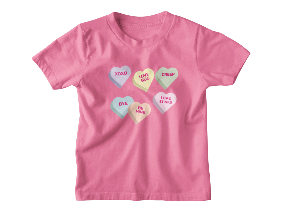A pink short-sleeve kid tee featuring Valentine&