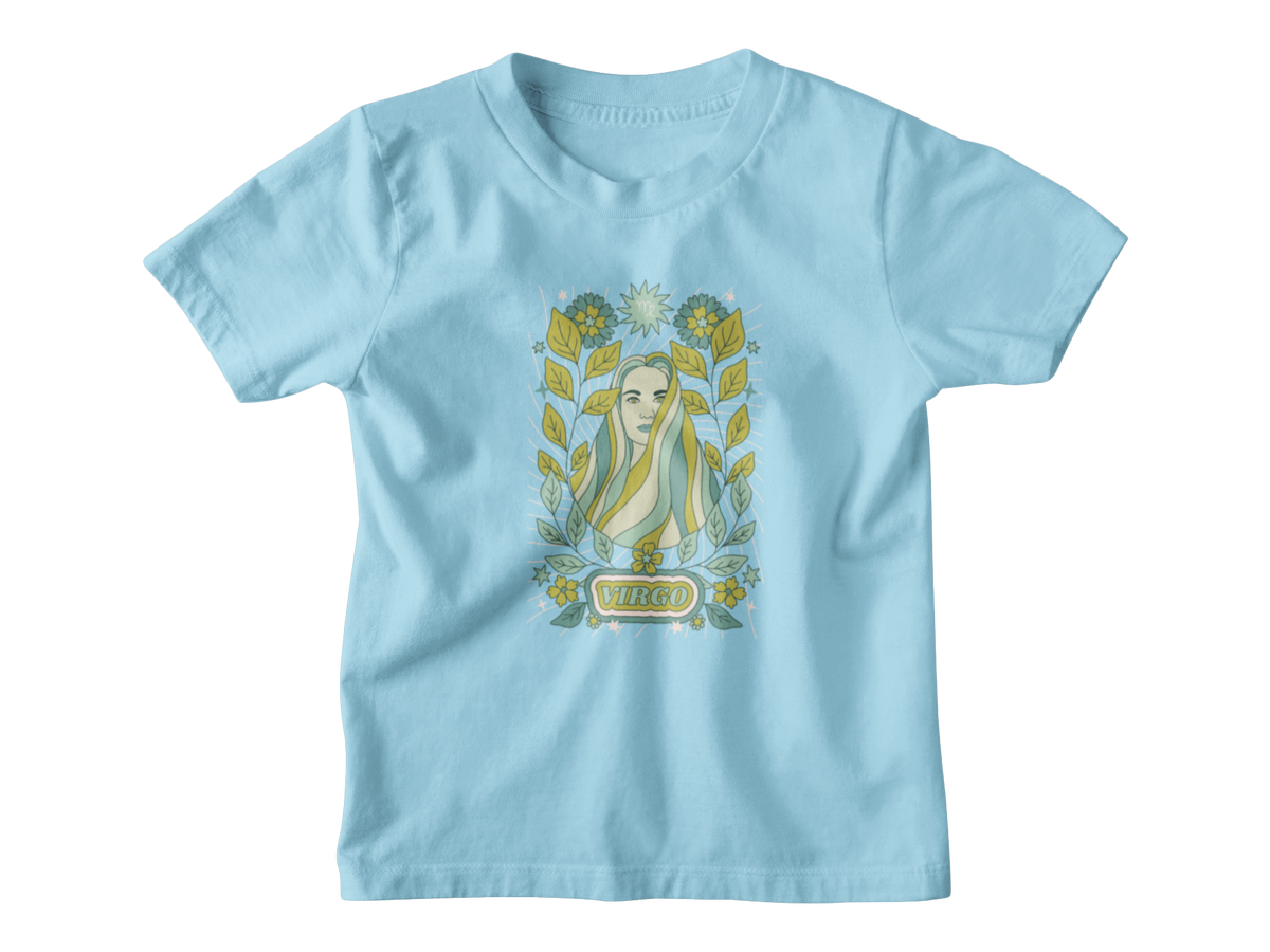 A light blue short-sleeve kids t-shirt with a graphic of the astrological sign &