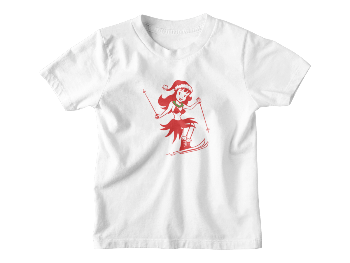 A white kids Christmas t-shirt with a cartoon graphic of a Hawaiian hula dancer skiing in a red Santa hat.