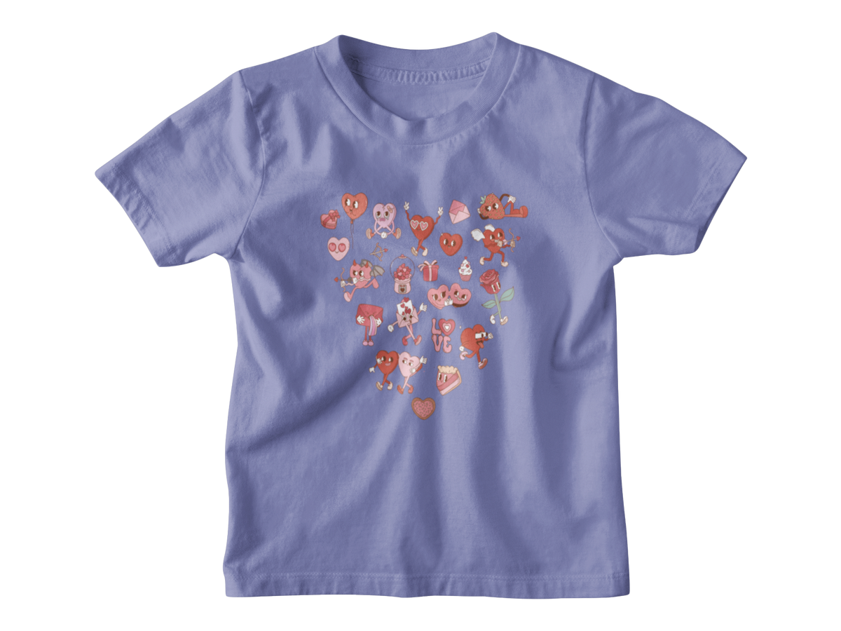 A purple short-sleeve kids t-shirt with a heart-shaped graphic on the chest made of small red and pink Valentine&