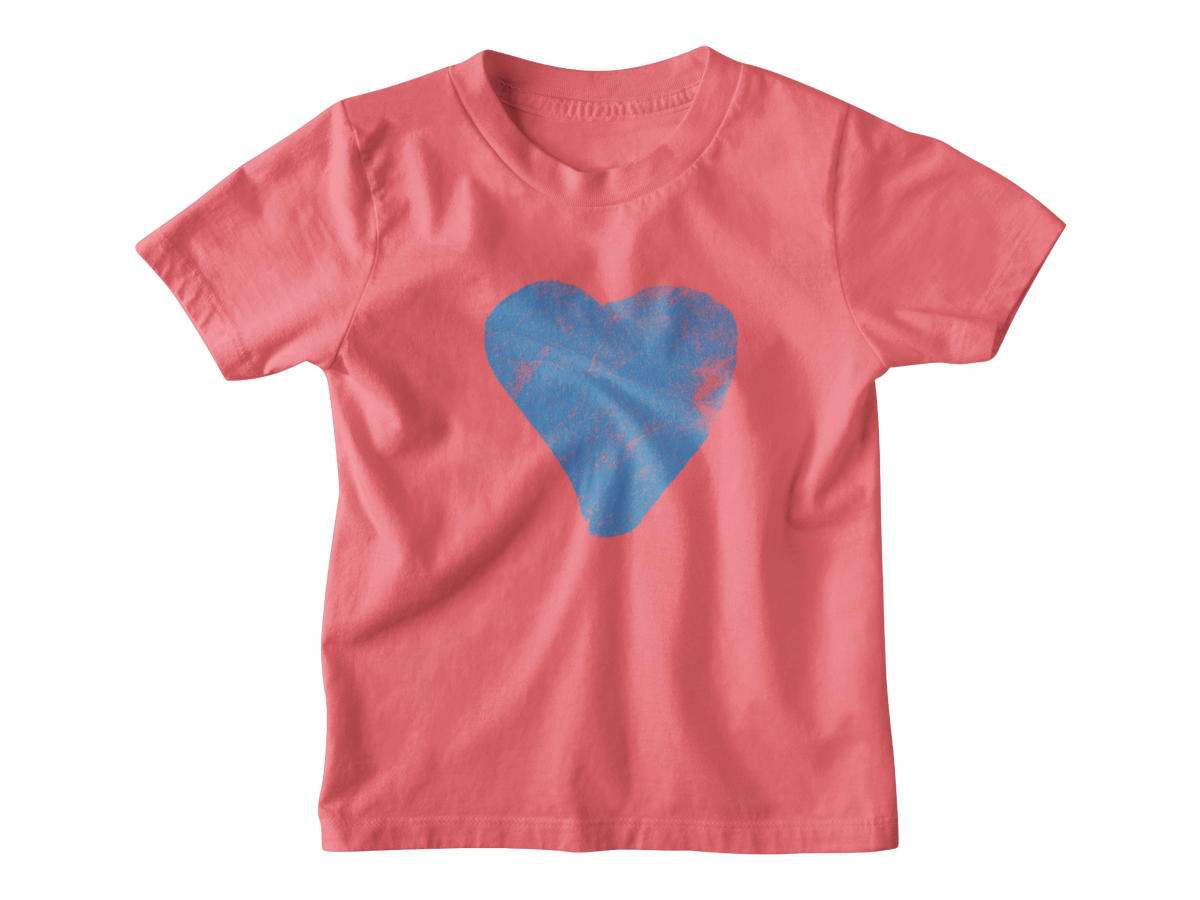 An orange pink short-sleeve crewneck kids t-shirt featuring a distressed blue heart graphic printed on the center chest for Valentine&