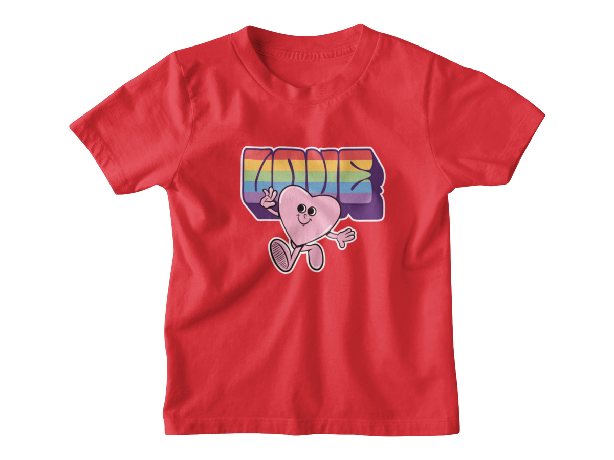 A red short-sleeve kid t-shirt with a retro-style Valentine&