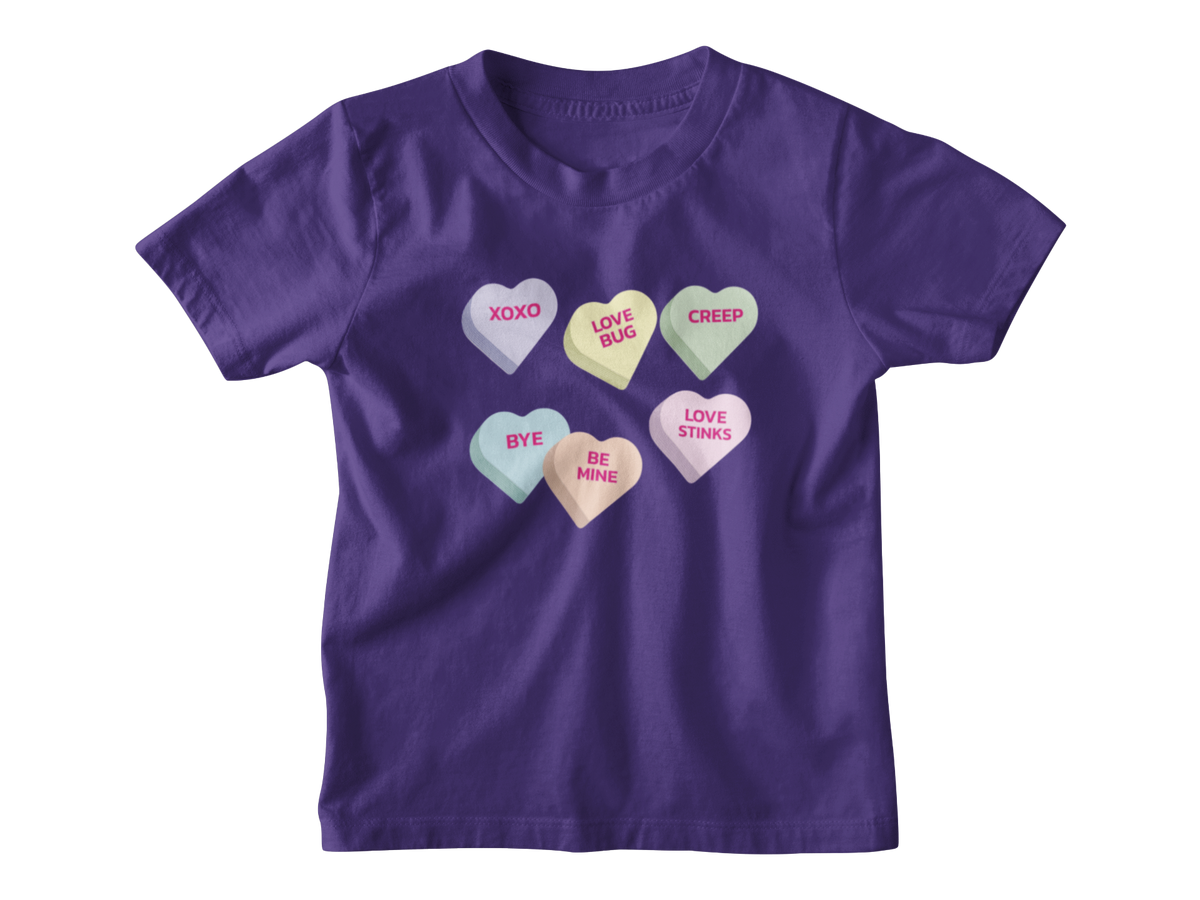 A purple short-sleeve kids t-shirt featuring a graphic of Valentine&