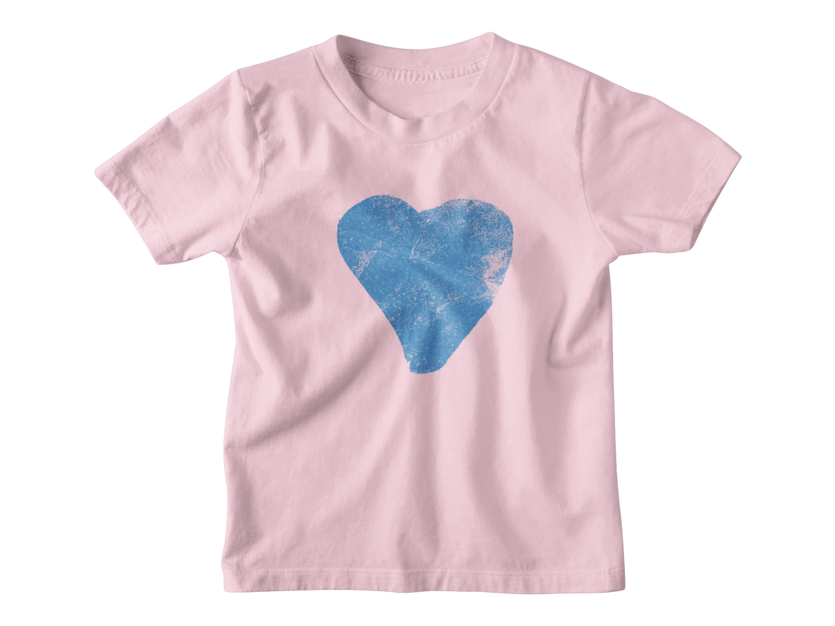 A light pink short-sleeve crewneck kids t-shirt featuring a distressed blue heart graphic printed on the center chest for Valentine&