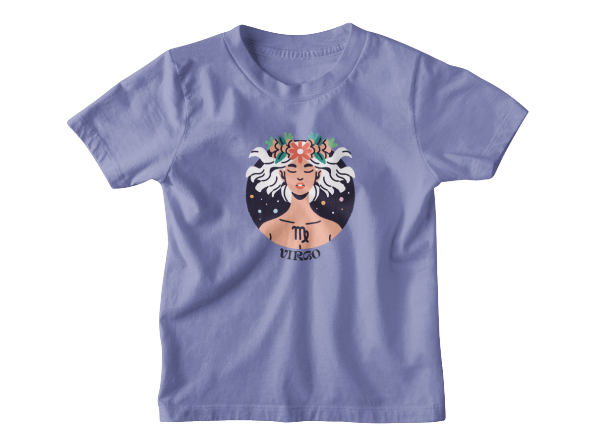 A violet short-sleeve kids t-shirt with a graphic of the Virgo zodiac sign, featuring an illustrated figure with white hair, a floral crown, and a starry background.