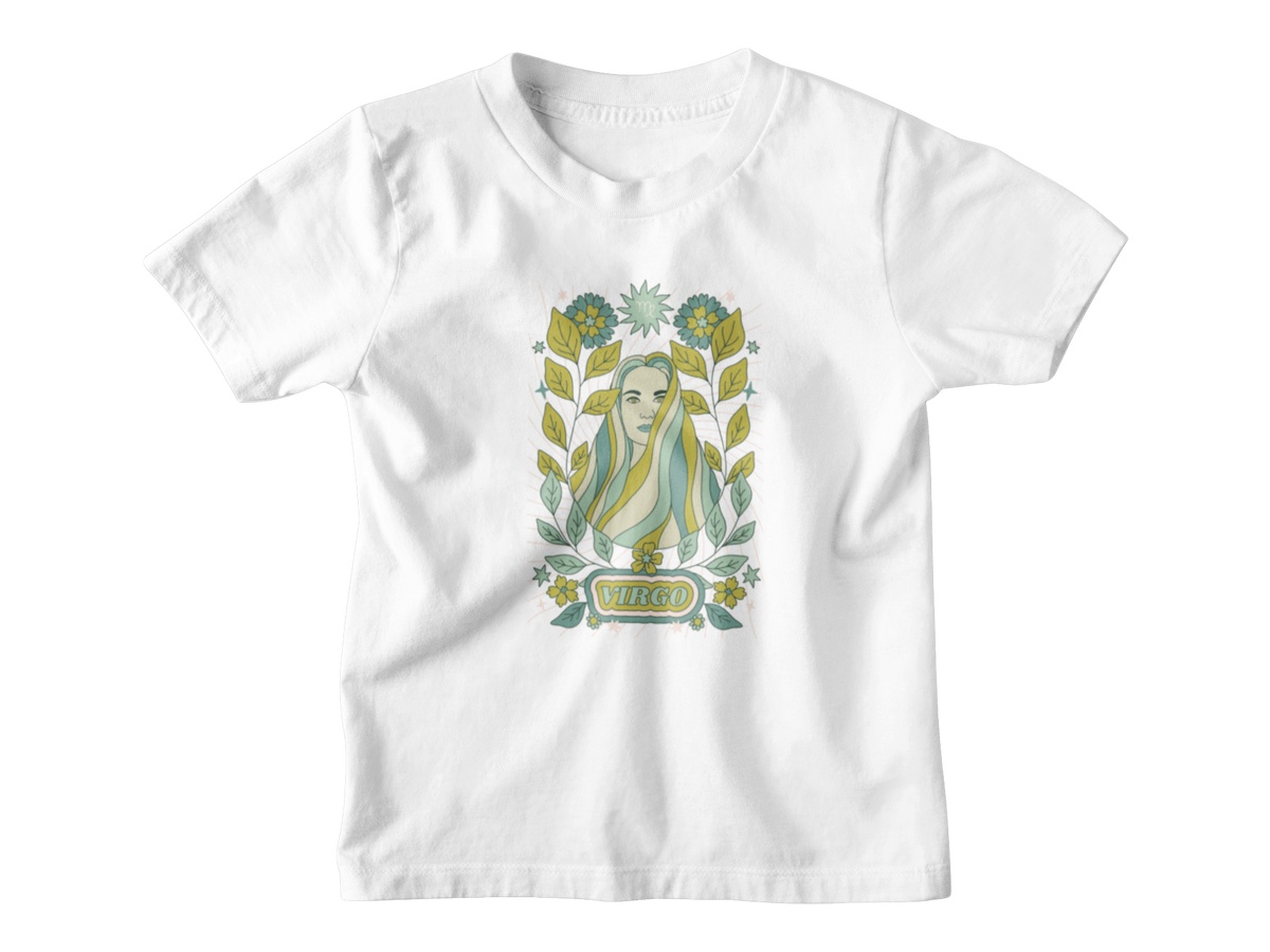 A white astrology short-sleeve kids t-shirt with a graphic of the astrological sign &