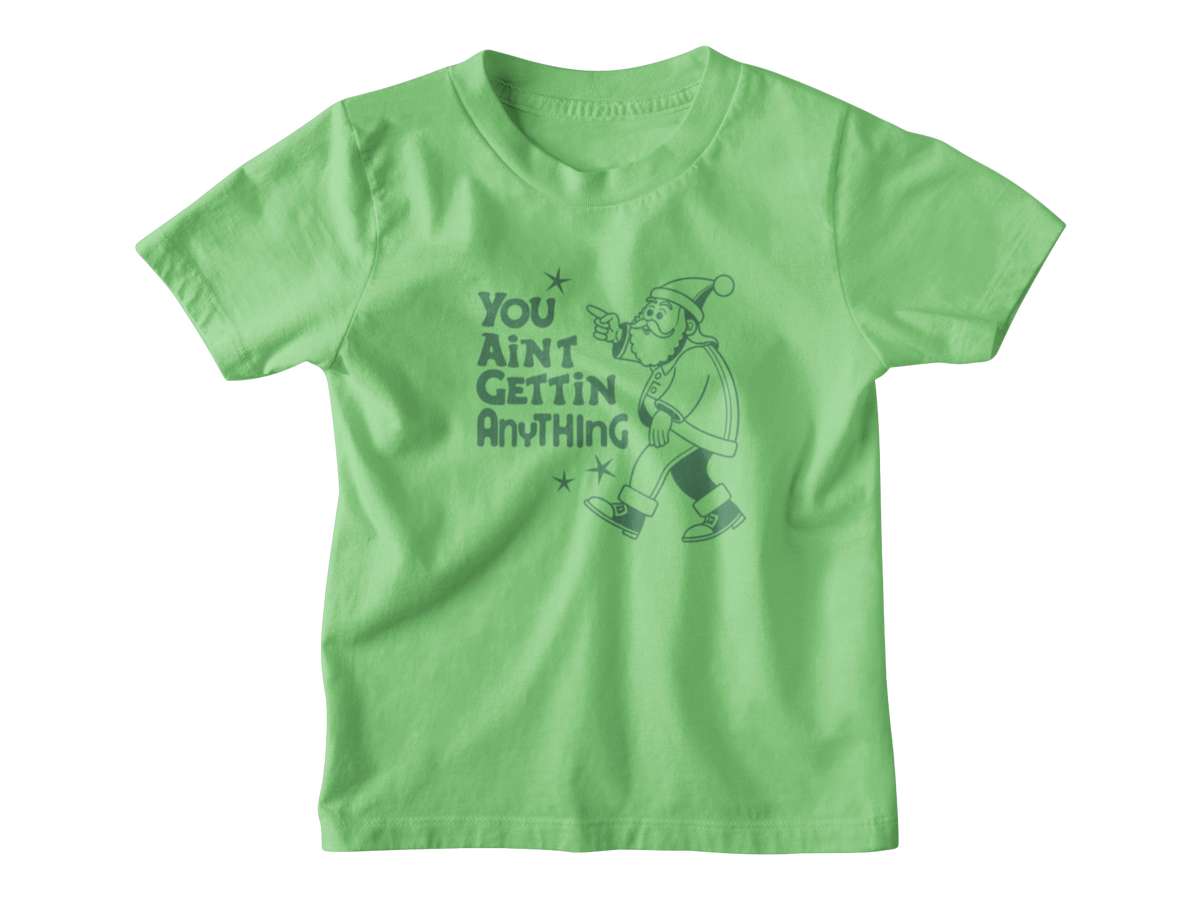 A light green Christmas kids short-sleeve t-shirt with a dark green graphic of Santa and the text &