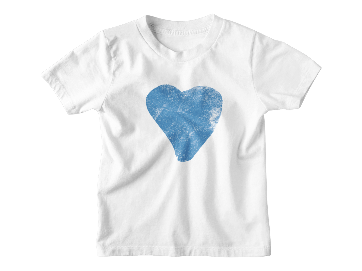 A white short-sleeve crewneck kids t-shirt featuring a distressed blue heart graphic printed on the center chest for Valentine&