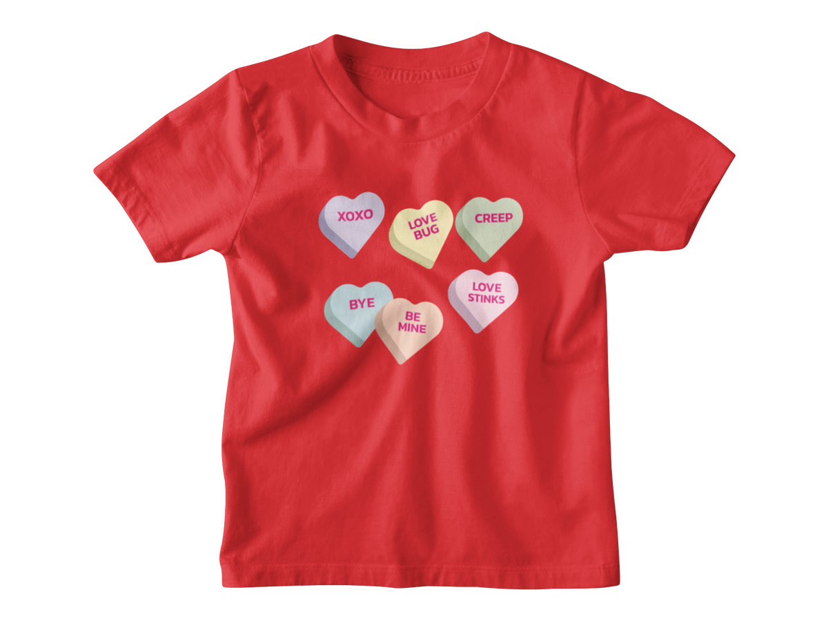 A red short-sleeve kids t-shirt featuring a graphic of Valentine&