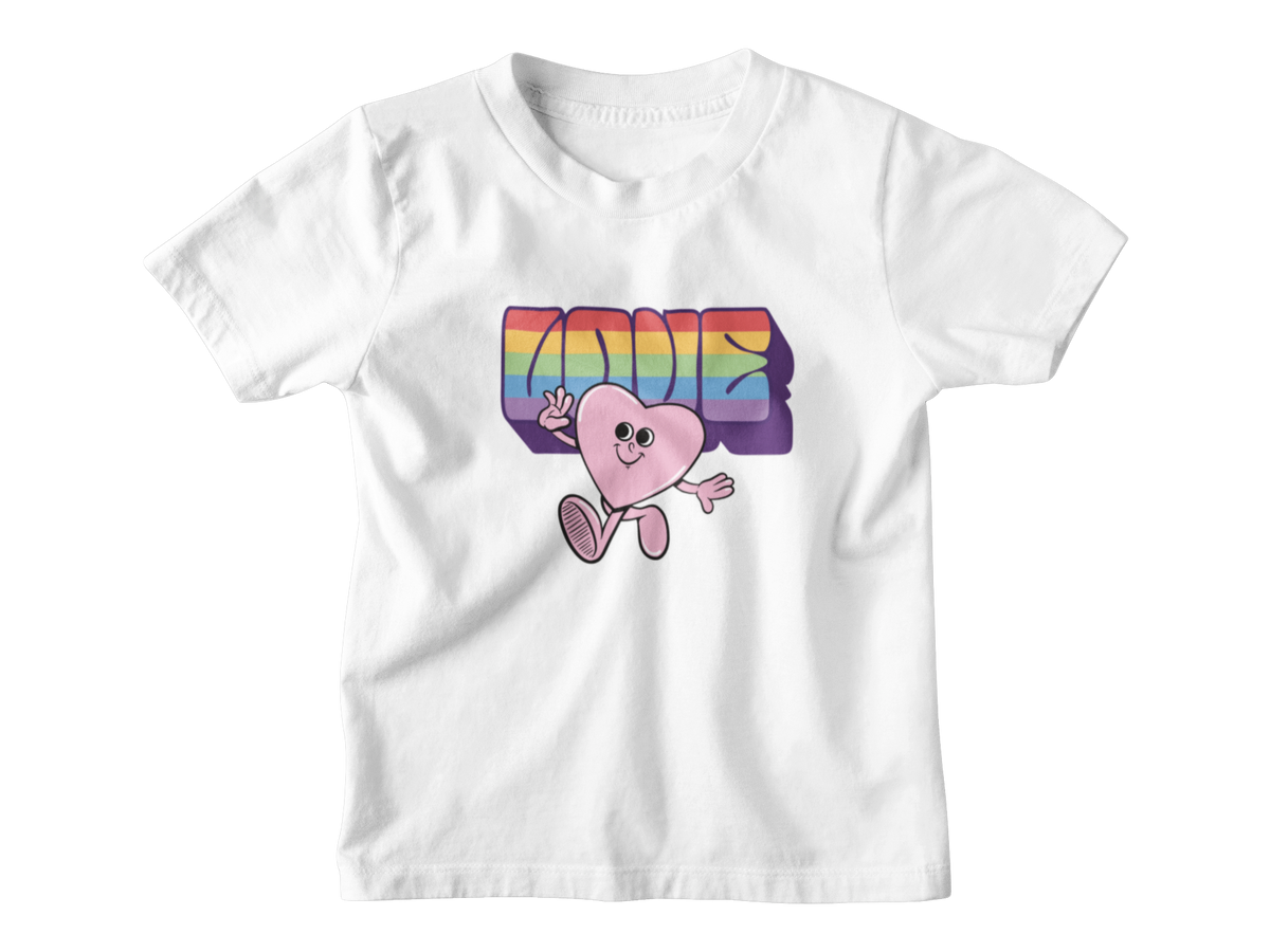 A white short-sleeve kid tee with a retro-style Valentine&