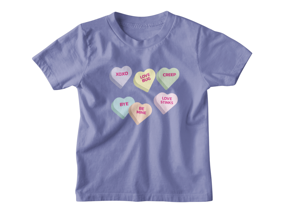 A violet short-sleeve kids tee featuring a graphic of Valentine&