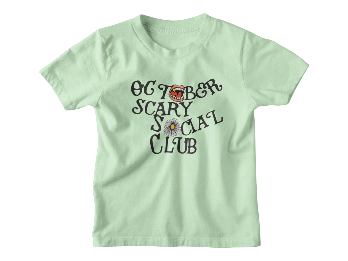 A green kid short-sleeve t-shirt with a graphic on the front that reads &