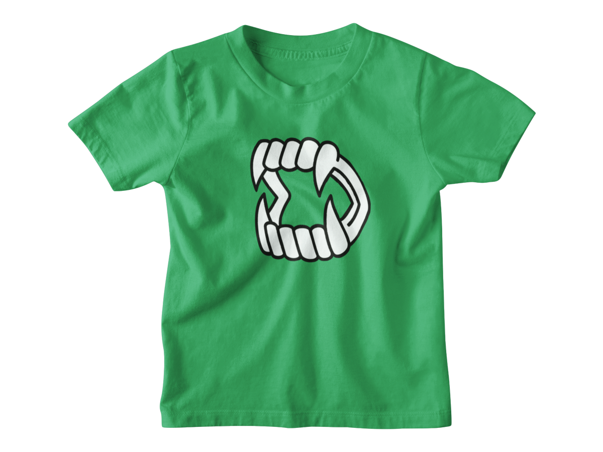 A green short-sleeve kid t-shirt with a white cartoon graphic of Halloween vampire fangs on the chest, displayed on a solid white background.