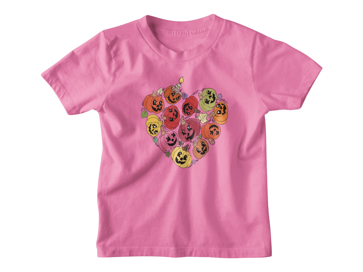 A pink Halloween short-sleeve kids t-shirt with a heart-shaped graphic of smiling jack-o&