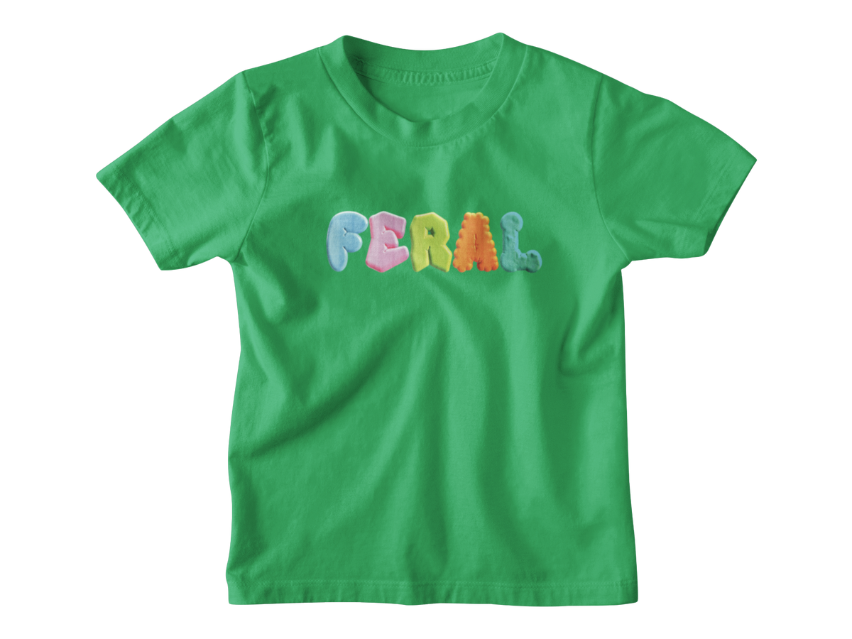 A green short-sleeve kids crewneck t-shirt featuring the word &