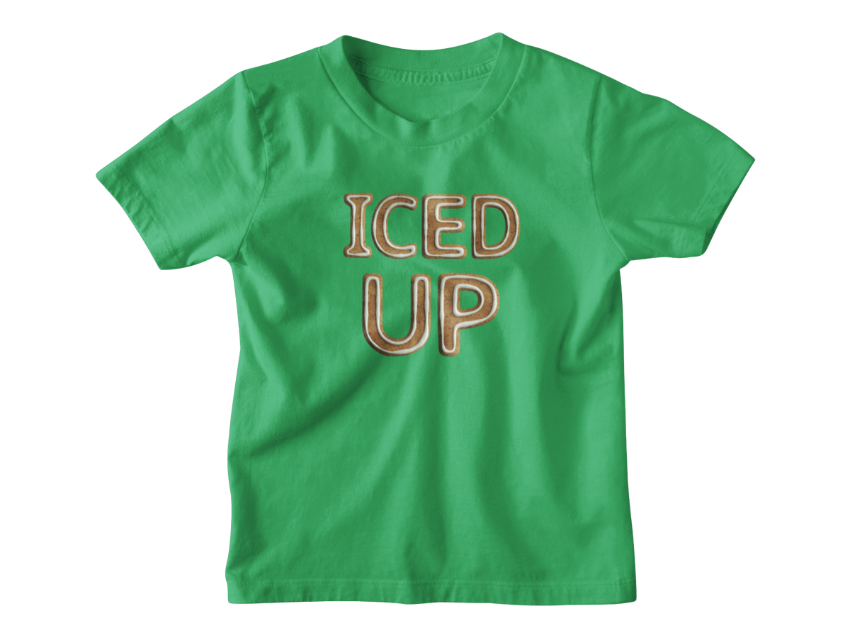 Green kids tee with Christmas ginger bread font saying &