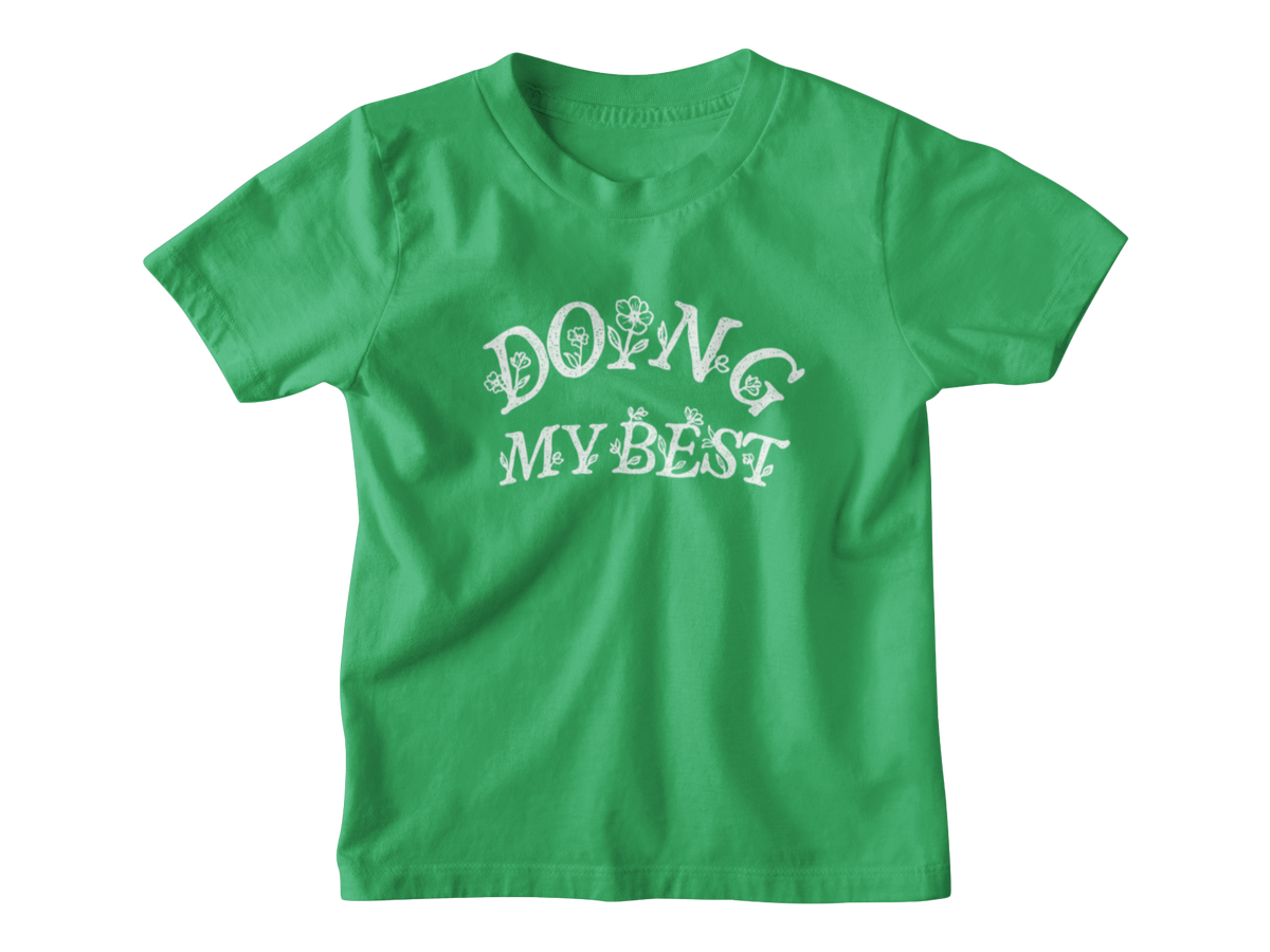 A green kids short-sleeve crewneck t-shirt with a white graphic text print reading &