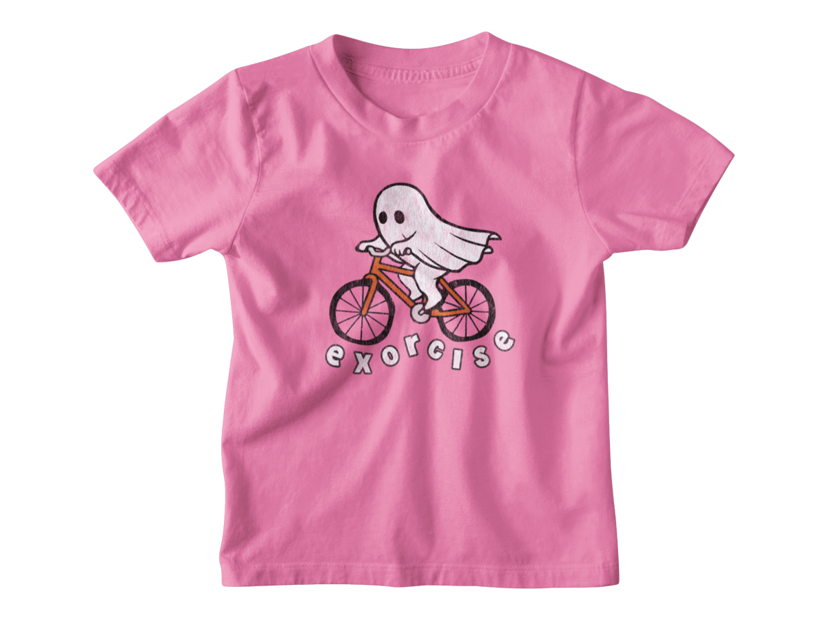 A pink short-sleeve kids t-shirt Halloween graphic of a white ghost riding an orange bicycle, with the word &