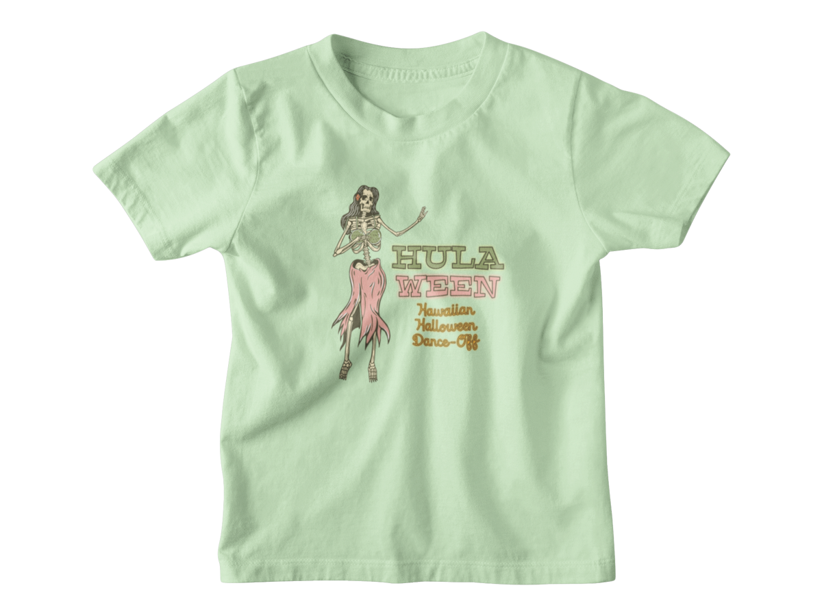 A mint green short-sleeve kid t-shirt with a graphic on the front showing a hula dancer and the text &