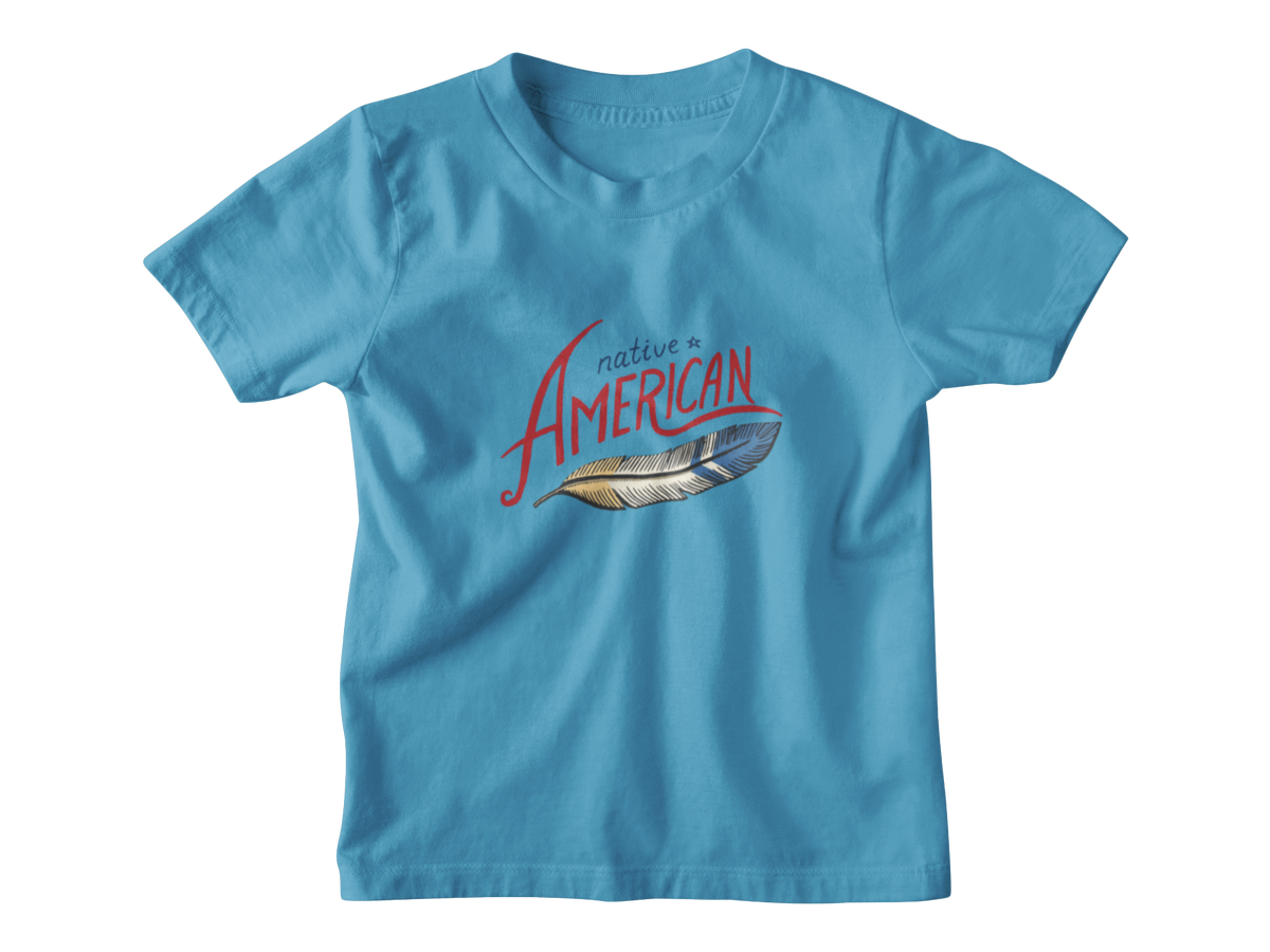 A blue short-sleeve kids t-shirt with a graphic on the chest reading &