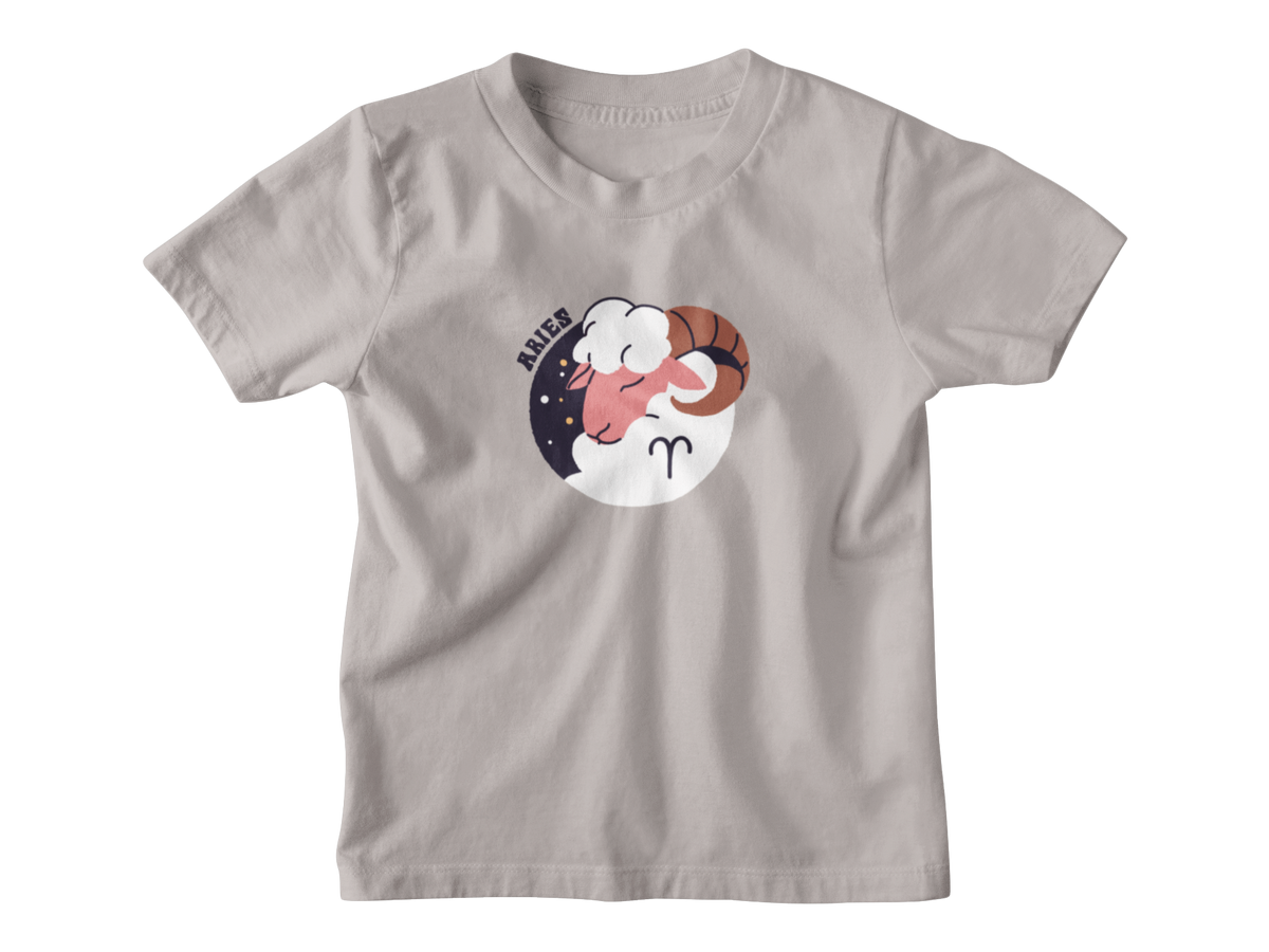A sand colored kids shirt with Aries ram astrology