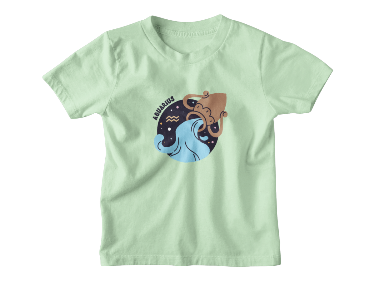 A light mint green short-sleeve kids t-shirt with a central graphic of the Aquarius zodiac sign.