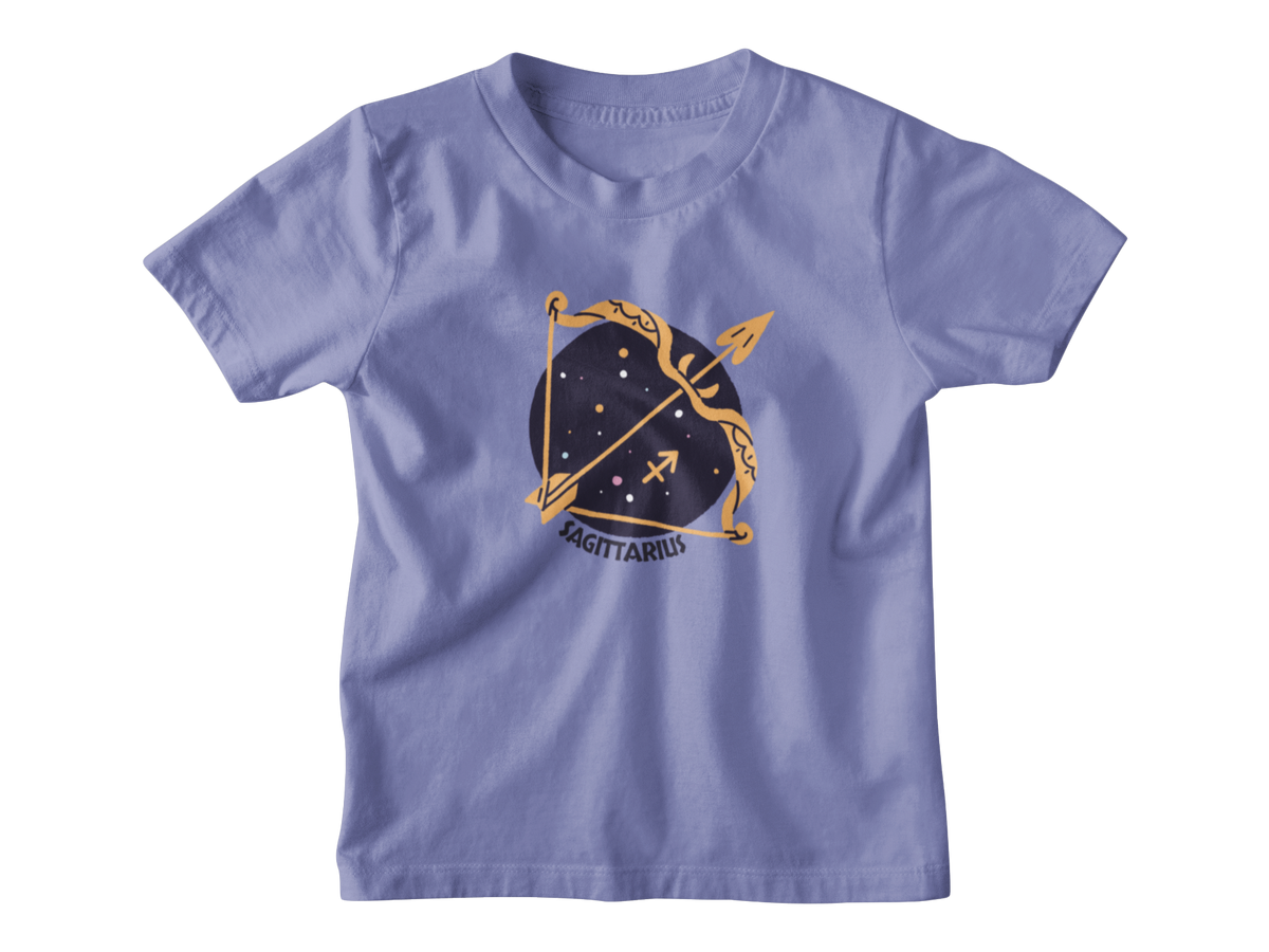 A violet short-sleeve kids t-shirt featuring a Sagittarius zodiac golden bow and arrow set against a dark navy blue starry circle, with the word &