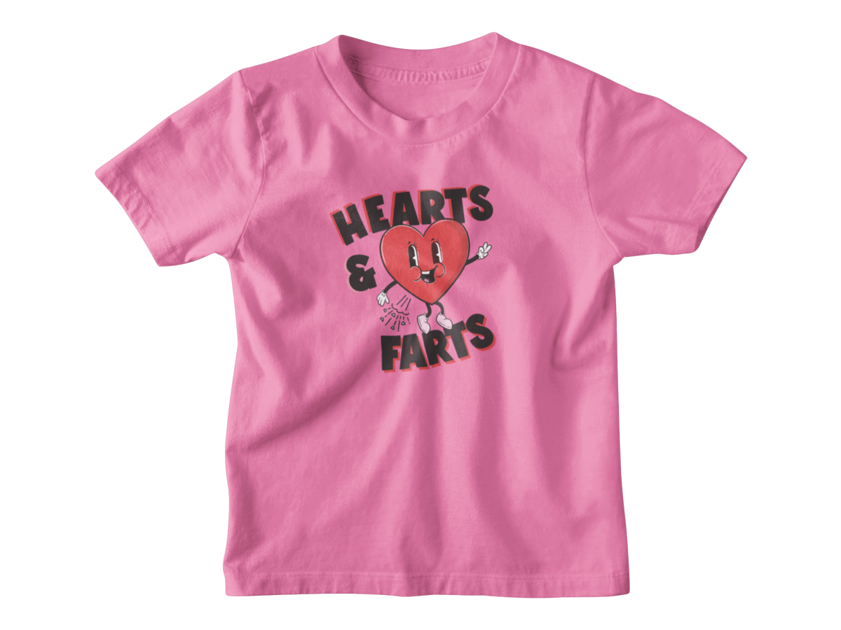 Pink kids shirt with a heart that says Hearts and Farts.