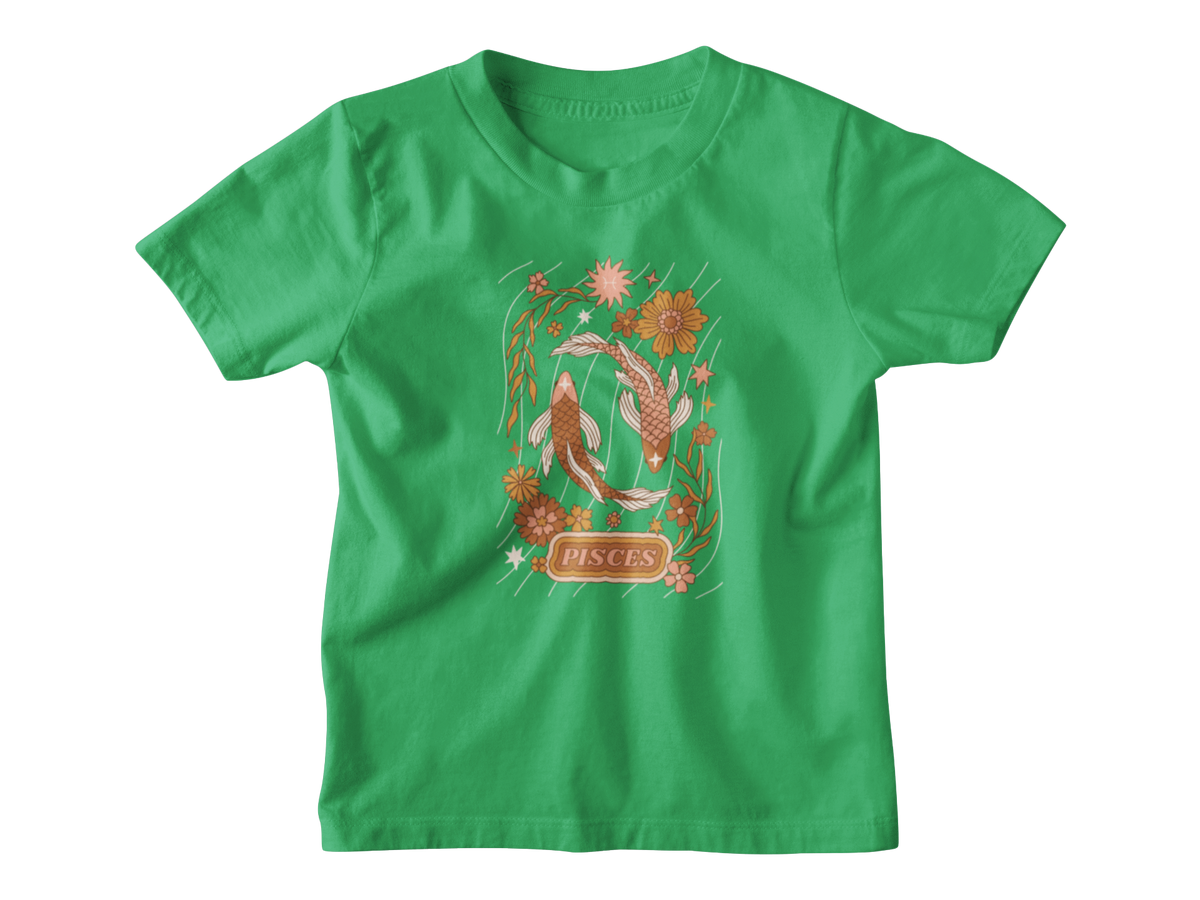 A green kids astrology t-shirt featuring two koi fish and the word &