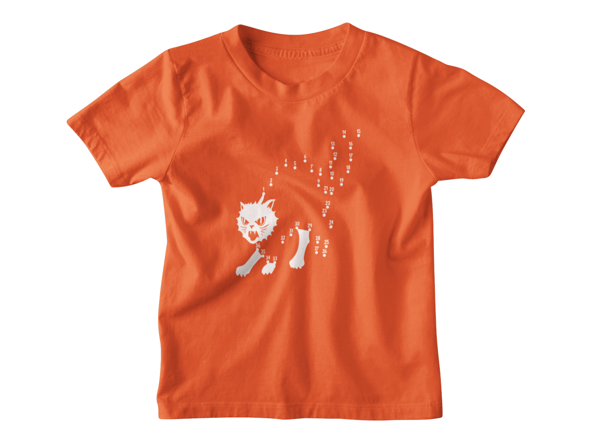 An orange short-sleeve crewneck kids t-shirt featuring a white graphic of a Halloween cat to connect the dots.